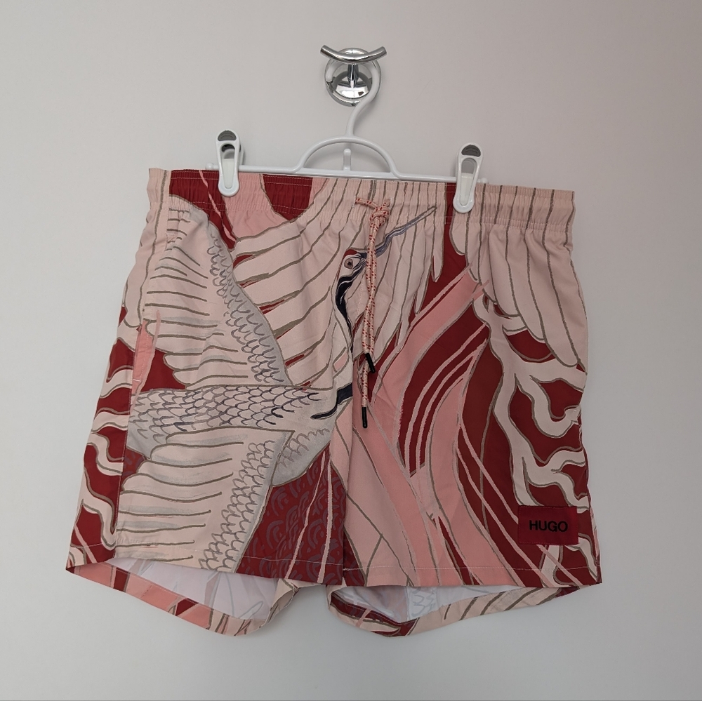 Hugo Men's Japanese Miso Red Crane Print Swim Short Trunks Size XL